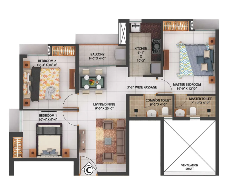 Merlin Rise 2 BHK Floor Plan